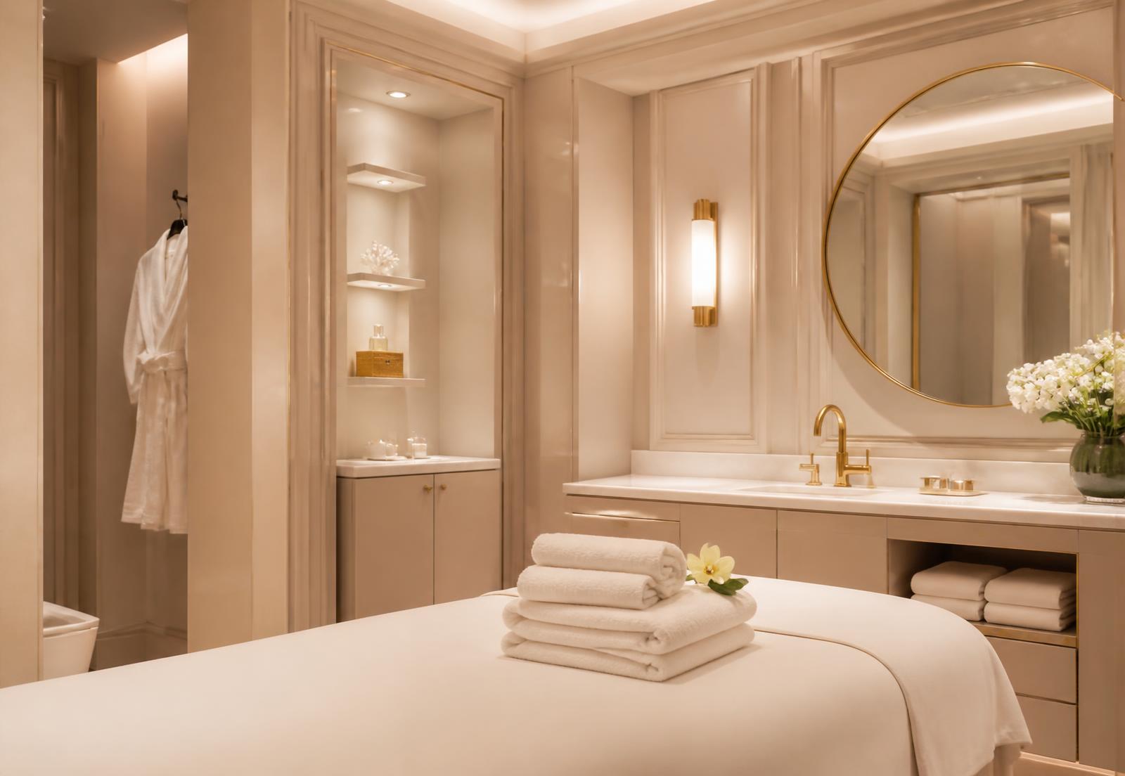 Calm premium wellness room in Lahore with fresh white towels prepared for a professional massage appointment for women