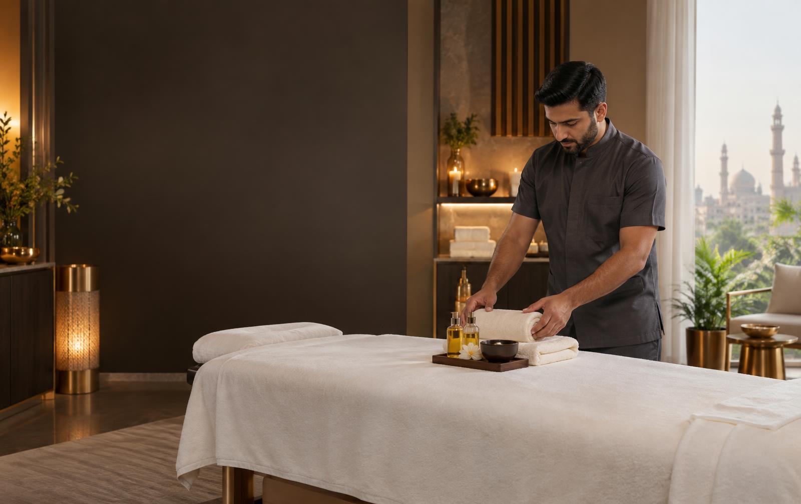 Muscular male massage therapist preparing a professional wellness appointment for women in Lahore
