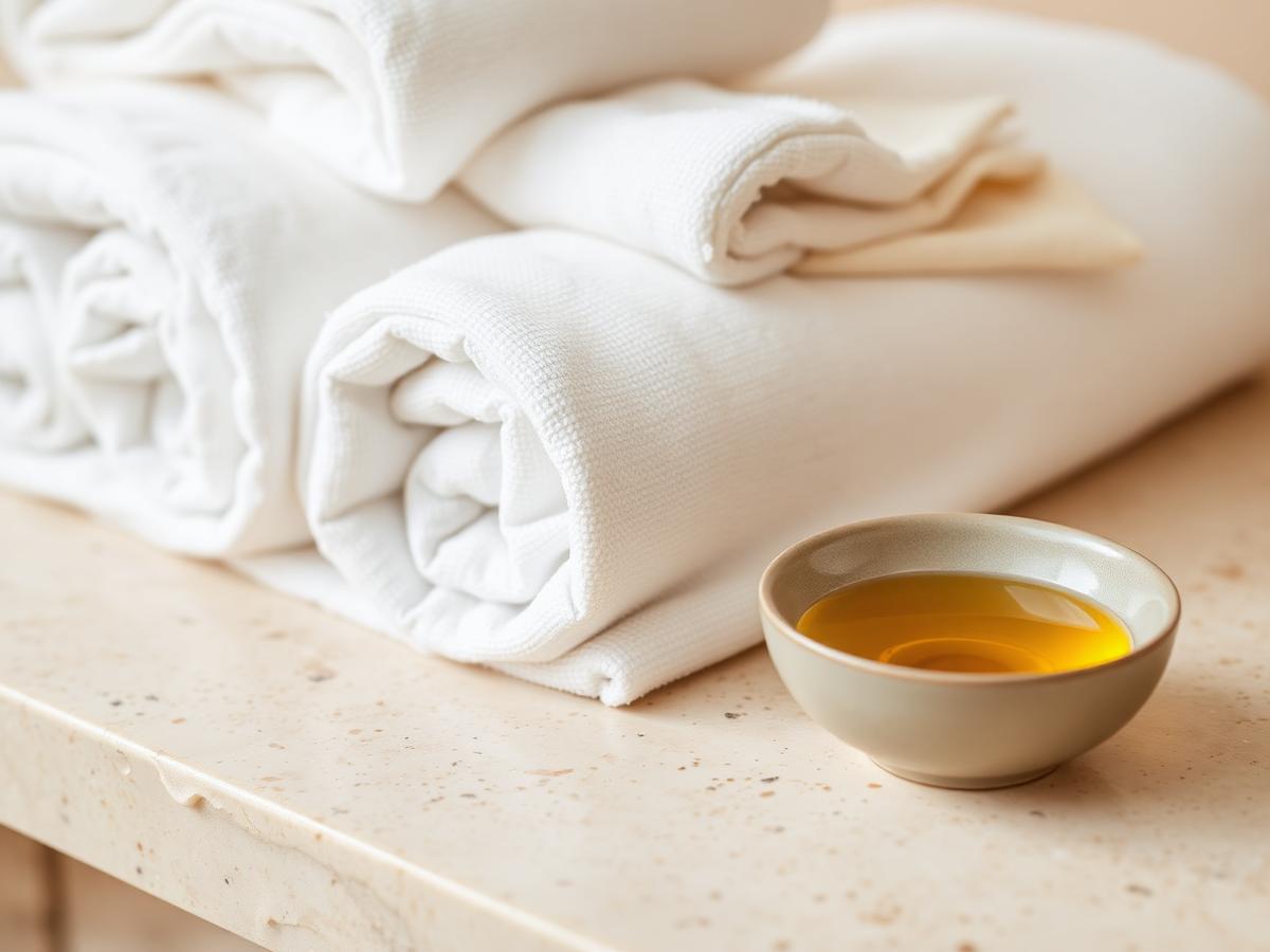Fresh folded linens and massage oil prepared for a professional appointment in Lahore